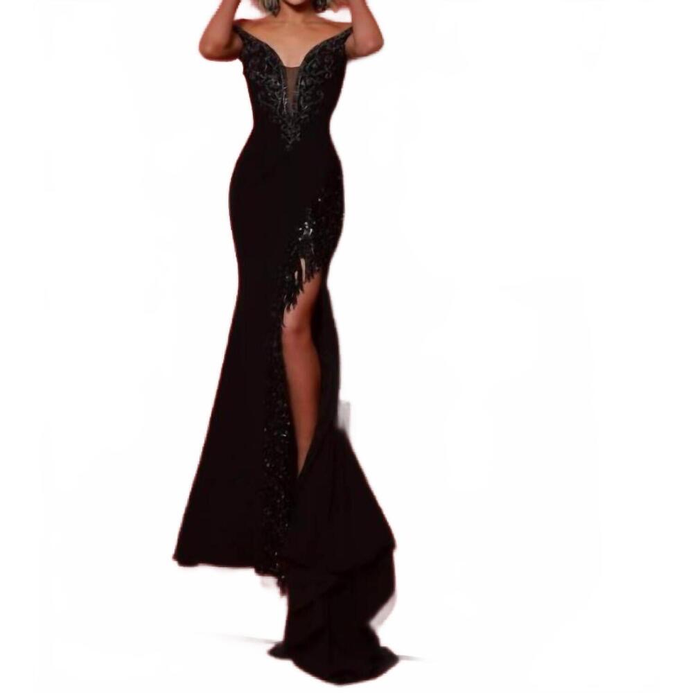 NEW JOHNATHAN KAYNE flirty plunging neckline gown in black